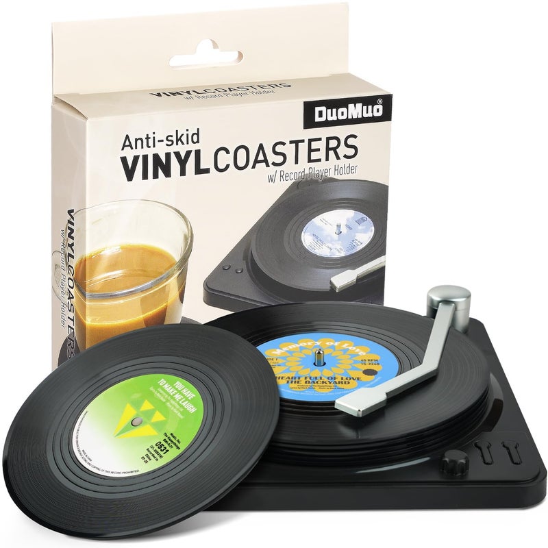 DuoMuo Funny Retro Record Coasters for Drinks with Vinyl Player Holder for Music Lovers,Set of 6 Conversation Piece Sayings Drink Coaster,Housewarming Hostess Wedding Registry Gift Ideas - Image 1